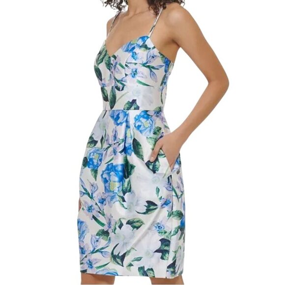 NEW Eliza J Classic Spaghetti-Strap Tulip Dress Foral‎ Ivory/Blue Size 8 - Picture 1 of 14